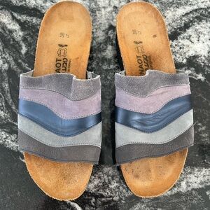 NAOT Portia Slide Sandals Wedge Sz 38 Leather‎ Suede Comfort Footbed
